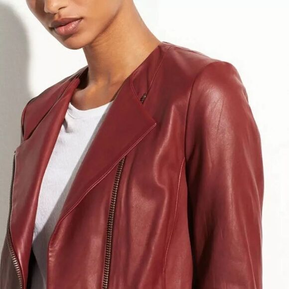 Vince Leather Moto Red Jacket Collarless Asymmetric Zip Size S - Picture 5 of 13
